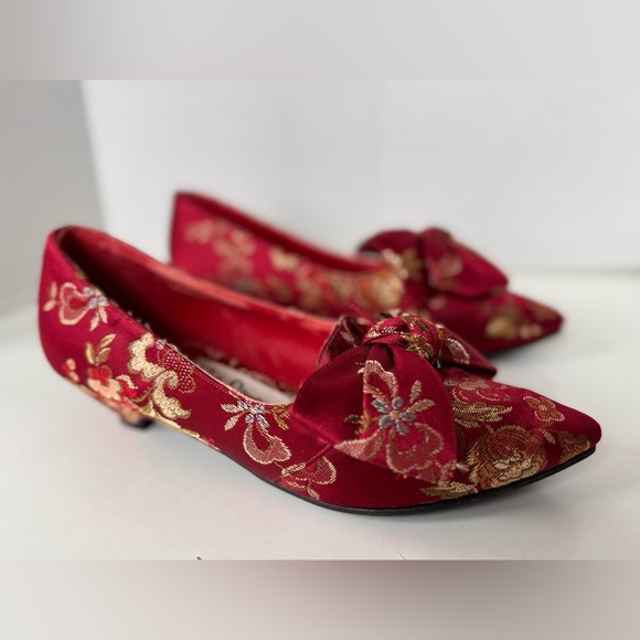 vintage 60s 70s lj simone new york brocade red floral bow kitten heel shoes - Picture 2 of 12